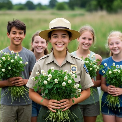 Smiling ranger with young visitors and flowers