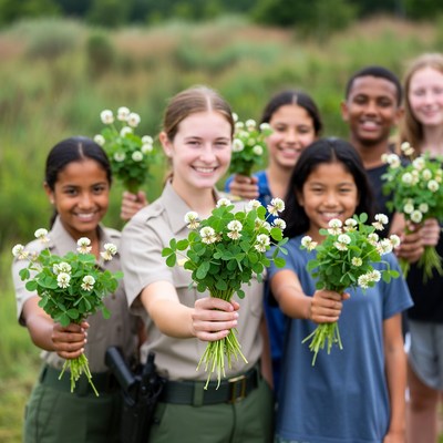 People with flowers in field