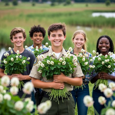 Group with flowers in green field