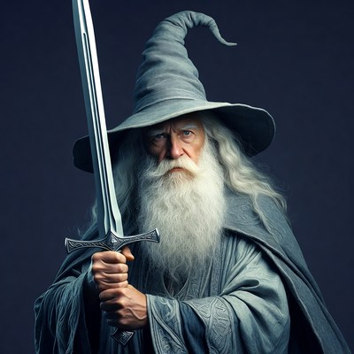 Wizard with a sword in dark cloak