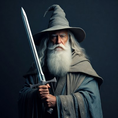 Wizard with sword in dark setting