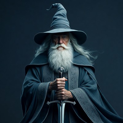 Wizard with sword in dark setting