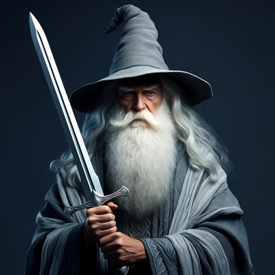 Wizard with sword in dark setting