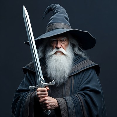 Wizard holding a sword in dark robe
