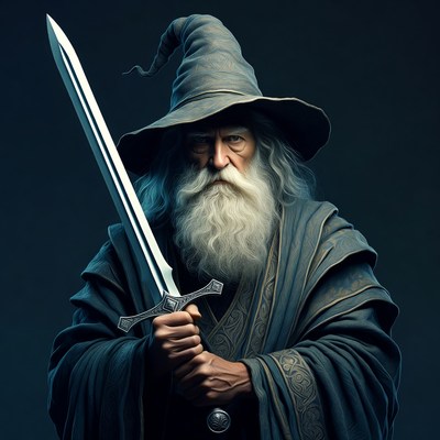 Old wizard holding a sword in dark setting