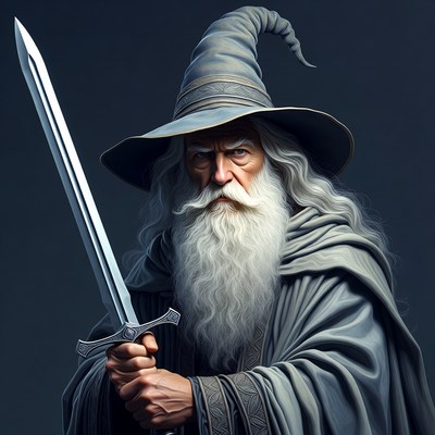 Wizard holds sword in dark setting