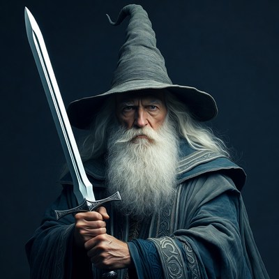 Wizard holds sword ready for battle