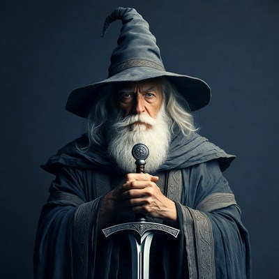 Wizard holds sword in dark setting