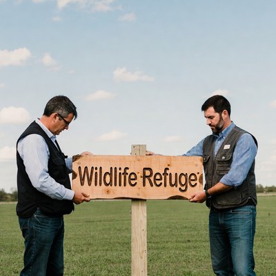 Two men hold wildlife refuge sign