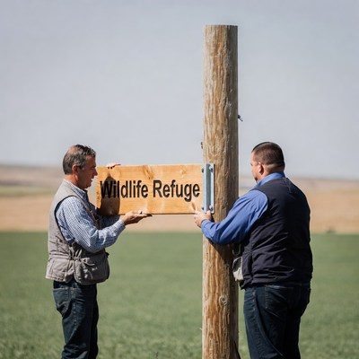 Two people install wildlife refuge sign