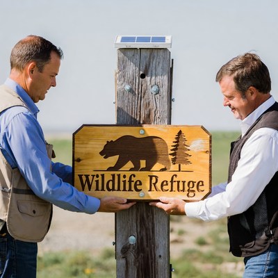 Two men install wildlife refuge sign
