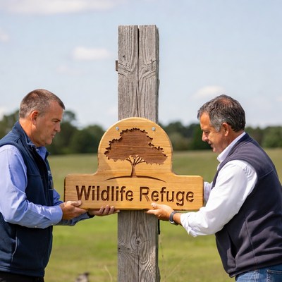 Two men set up wildlife refuge sign