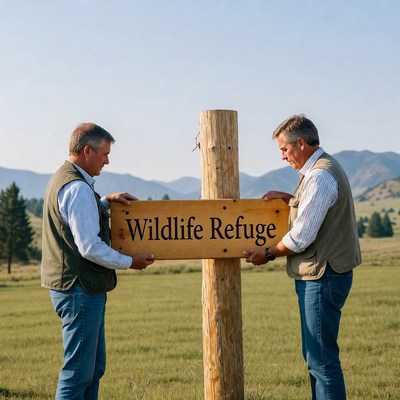 Two men install wildlife refuge sign