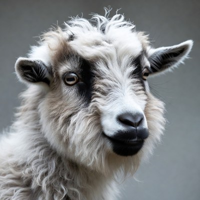 Cute goat with fluffy fur in close-up