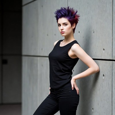 Young person with purple hair poses indoors