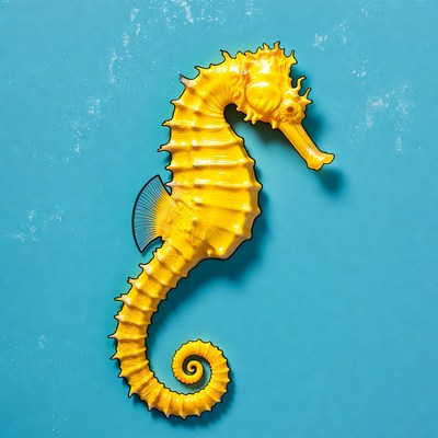 Bright yellow seahorse on blue wall