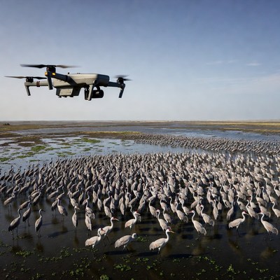 Drone above flock of cranes in wetland