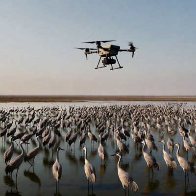 Drone flying over flock of cranes
