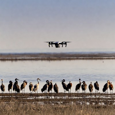 Drones and cranes at wetland