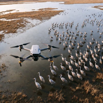 Cranes gathering near a lake