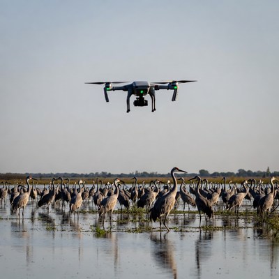 Cranes under drone in wetland