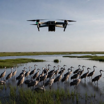 Drone flies over sandhill cranes
