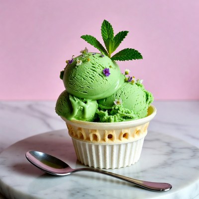 Green ice cream in a cup with flowers