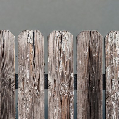 Wooden fence with weathered planks and gray sky
