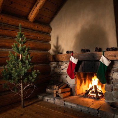 Cozy cabin with christmas tree and fire