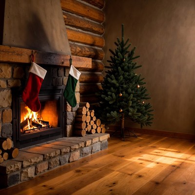 Warm fireplace and christmas tree setting