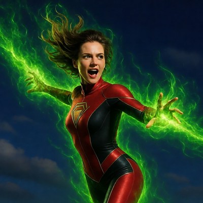 Superhero in green energy display