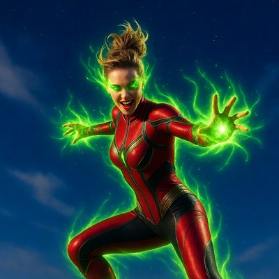 Superhero in action with green energy
