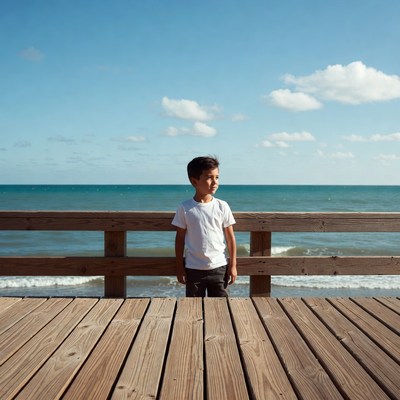 Boy stands on wooden deck by ocean