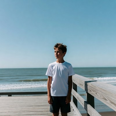 Boy standing on wooden pier by the sea