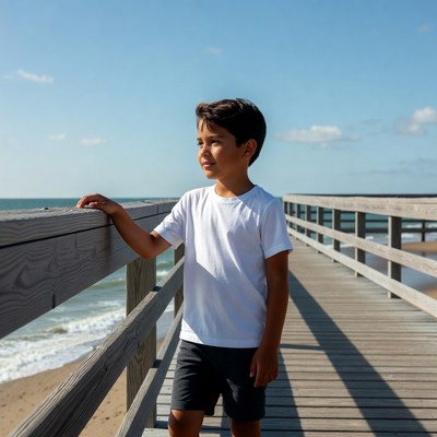 Boy stands on pier facing ocean