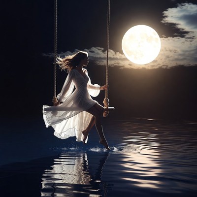 Woman on swing under full moon