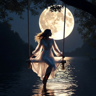 Woman in white dress on swing at night