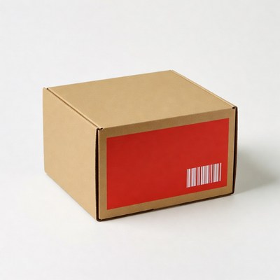 Brown box with red label on white surface