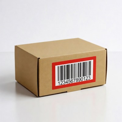 Small brown box with barcode in a plain setting