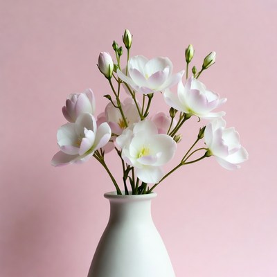 Flowers in a white vase on pink background