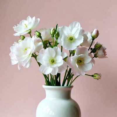 White flowers in a vase on a pink background