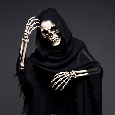 Skeleton in black cloak strikes a pose