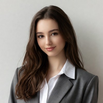 Young woman in suit poses for picture