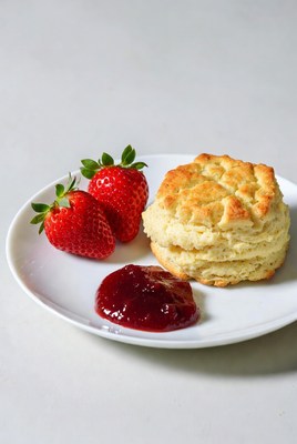 Fresh biscuits with strawberries and jam