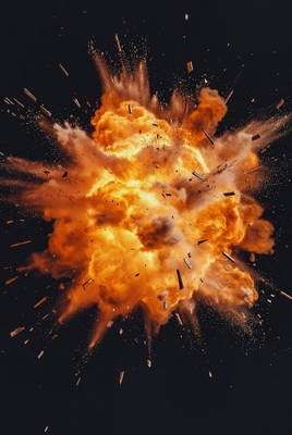 Explosion with fire and debris in dark space