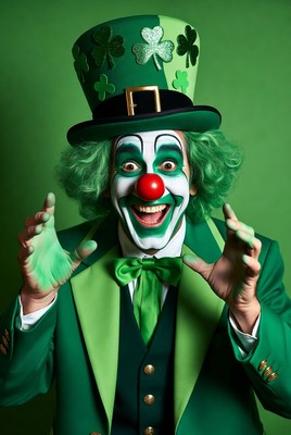Clown in green costume smiling