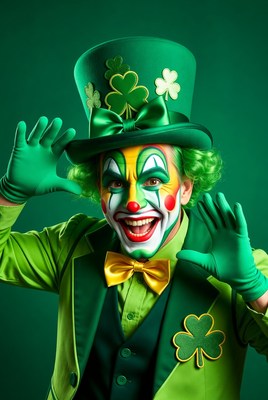 Clown in green outfit with happy expression