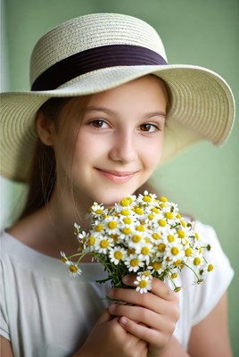 Girl holding flowers in a hat