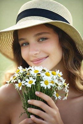 Girl holds flowers in meadow