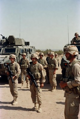 Soldiers in desert training with vehicles
